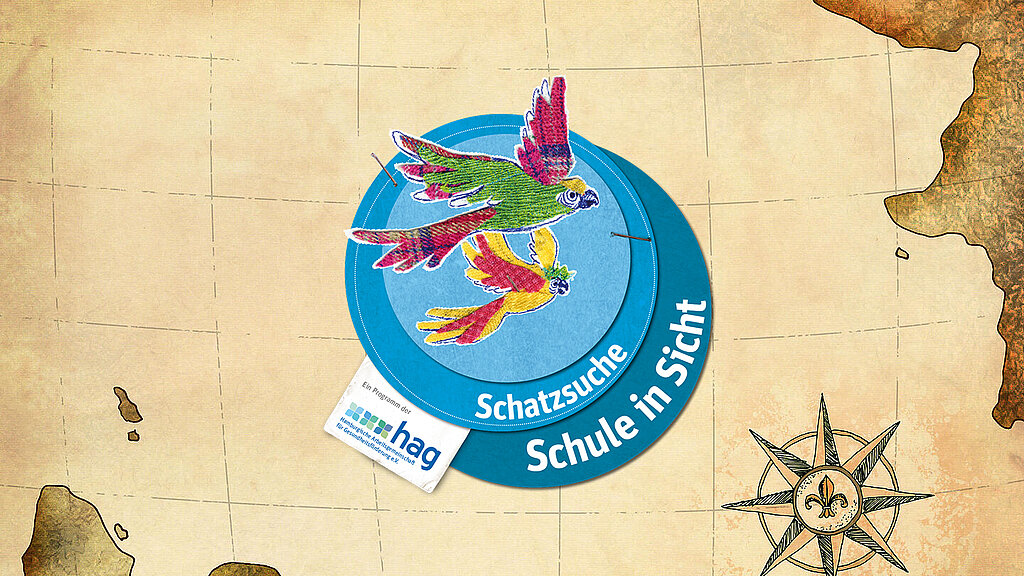 Landkarte, Logo Schatzsuche Schule in Sicht